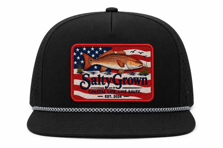 SaltyGrown USA Redfish Patch 5 Panel Trucker Cap Flat Bill Quick Dry Sun Hat Unstructured