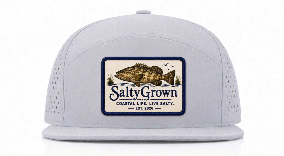 SaltyGrown Grouper Patch Grey 6 Panel Trucker Cap Flat Bill Quick Dry Snapback Hat