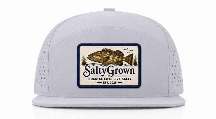 SaltyGrown Grouper Patch Grey 6 Panel Trucker Cap Flat Bill Quick Dry Snapback Hat